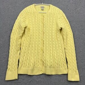 LL Bean Cardigan Women's Large Yellow Cable Knit Button Up Sweater Jacket 258842